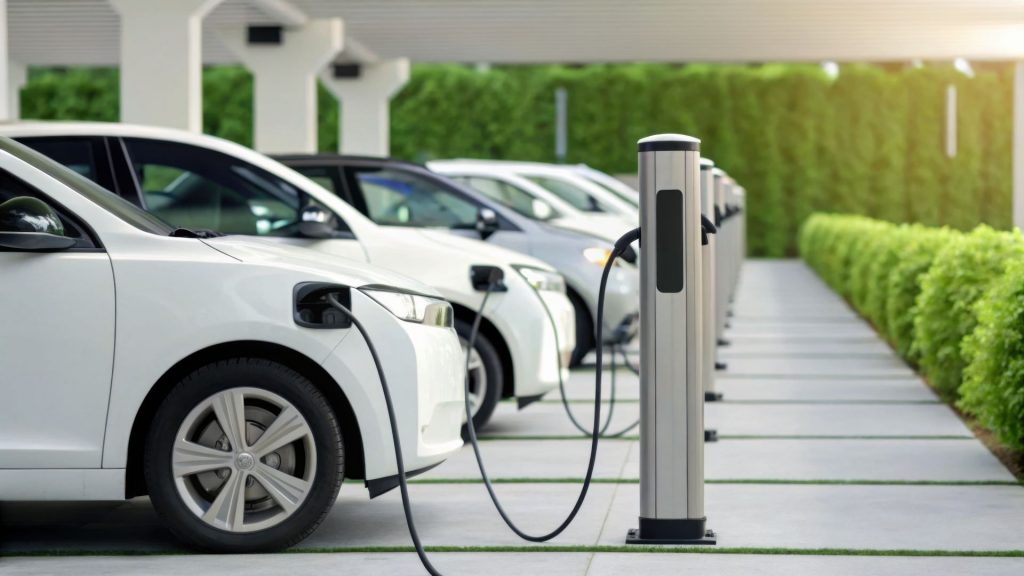 E-Autos laden an Ladesäulen. Bauen Sie mit LEaD Charging Ihren eigenen Ladepark mit bis zu 4 Hyperchargern, um Mitarbeitern und Kunden die Möglichkeit zu bieten, Ihr Auto zu laden.